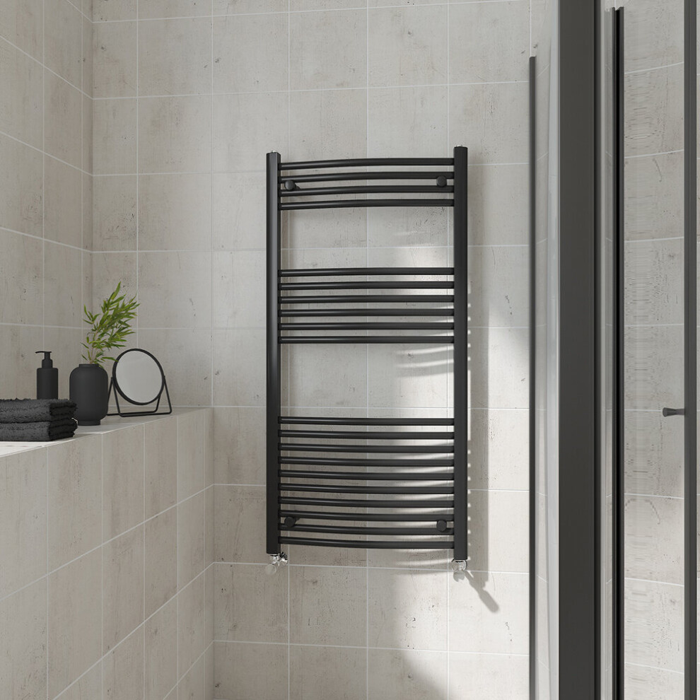 (Curved, 1200x600mm) Warmehaus Heated Towel Rail Black Bathroom Ladder Style Radiator Central Heating