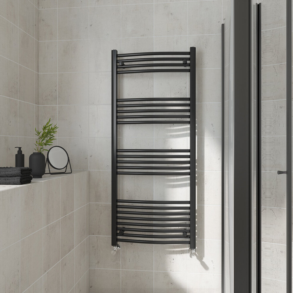 (Curved, 1400x600mm) Warmehaus Heated Towel Rail Black Bathroom Ladder Style Radiator Central Heating