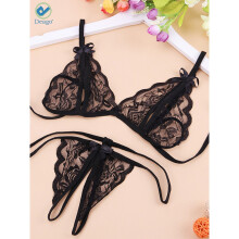 (Black, L) Women Sexy Nightwear Two Piece Bra Panty G-String Underwear Set