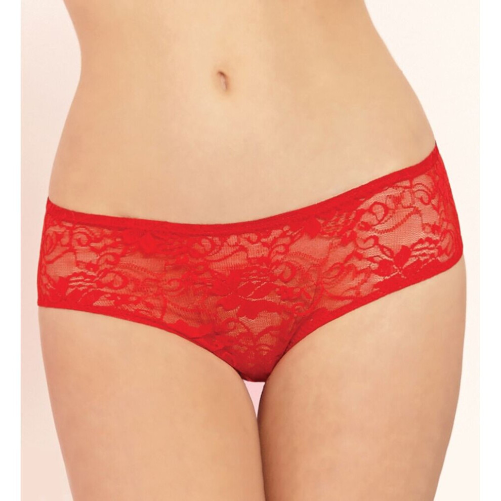 Obmeifu Red (, 1X) Women's Open Crotch Ruffle Back Lace Boyshort Panty