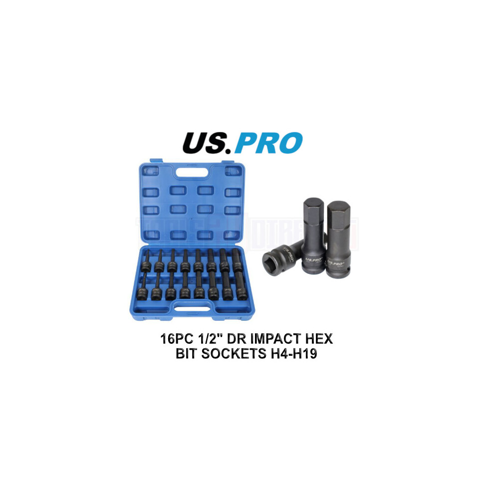 Us Pro Tools 16Pc 1/2" Dr Impact Hex Bit Sockets H4 - H19 3998