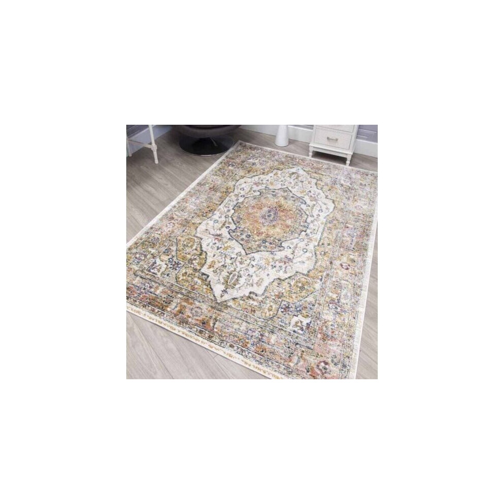 (160cm x 230cm) Multi Coloured Vintage Distressed Modern Faded Traditional Medallion Rug-image-OPC-PBF6NFJ-NEW