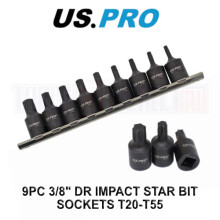 US PRO TOOLS 9pc 3/8" Drive Impact Torx Bit Sockets T20-T55 (3999) Cr-Mo, Heat Treated, Black Phosphate, 40mm on Storage Rail