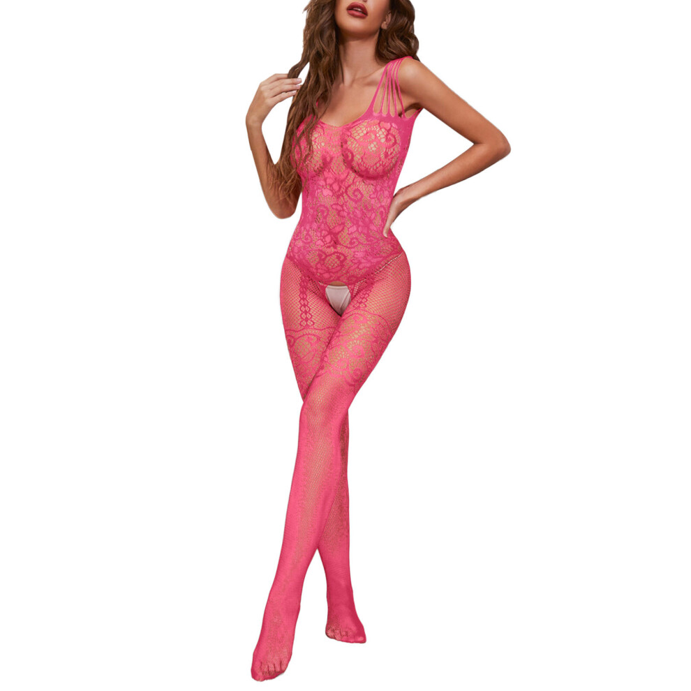 (Pink) Fishnet Bodystocking Nylon For Women Full Body Stocking Open Crotch Bodysuit Full Body Fishnet Stockings