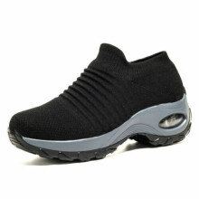 (UK3-EU36, Black Grey) Womens Slip on Sock trainers Wedge Platform Air Cushion Breathable Walking Shoes