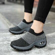 (UK4-EU37, Grey) Womens Slip on Sock trainers Wedge Platform Air Cushion Breathable Walking Shoes