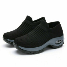 (UK8-EU42, Black Grey) Womens Slip on Sock trainers Wedge Platform Air Cushion Breathable Walking Shoes