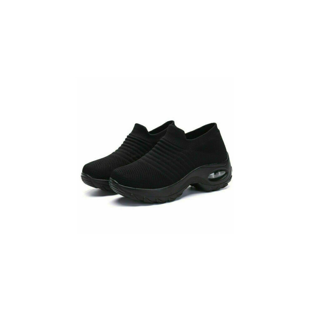Fatcat (Uk7-Eu41, Black) Womens Slip On Sock Trainers Wedge Platform Air Cushion Breathable Walking Shoes