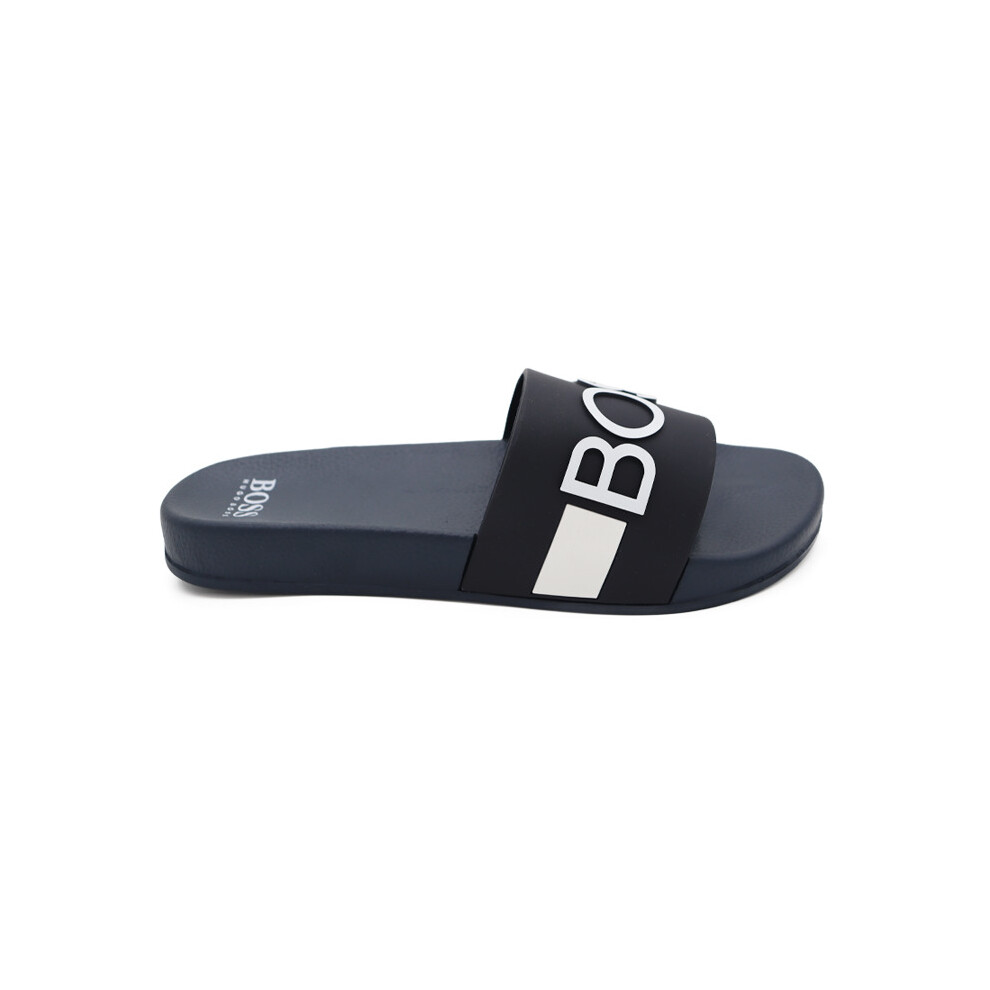 ( J29274 849-3.5) Hugo Boss Kids Wear Logo Sliders Navy