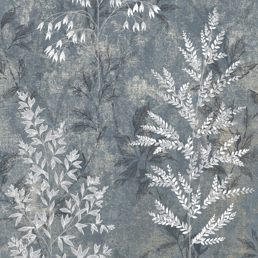 (Navy Blue 284071) Rasch Texture Effect Garden Plant Leaves Wallpaper