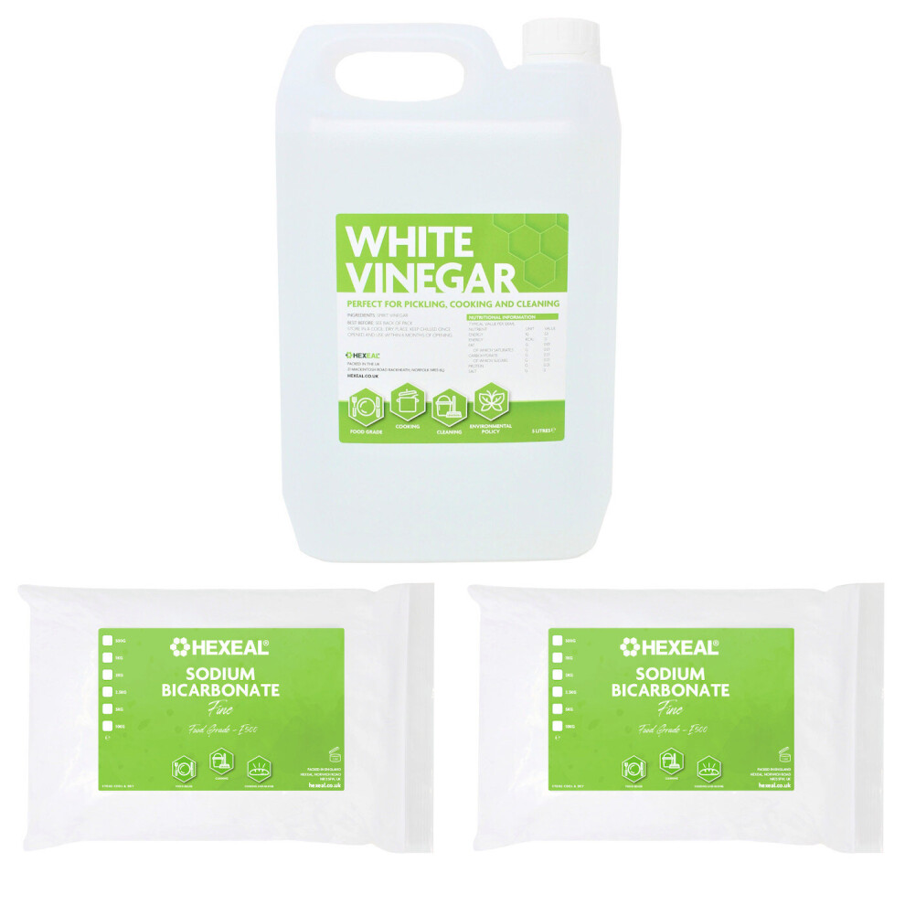 Hexeal WHITE VINEGAR 5L + SODIUM BICARBONATE 2 x 1kg Bag| Cleaning, Cooking, Pickling