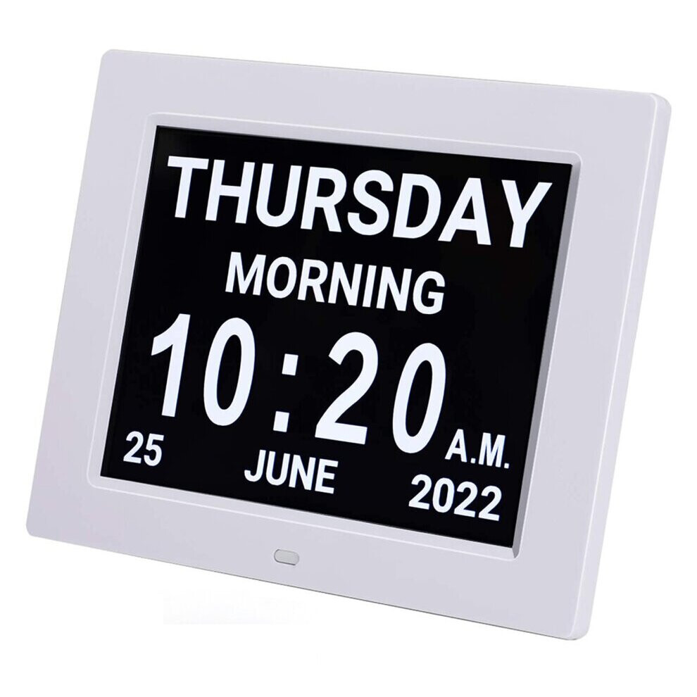 (White) 7 Inch Digital Day Alarm Clock LED Calendar Dementia Time Date Month Memory Christmas