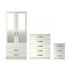 Ready assembled 3 Pcs Classic 2 Door 2 Drawer Mirrored Wardrobe, Chest And Bedside Set White