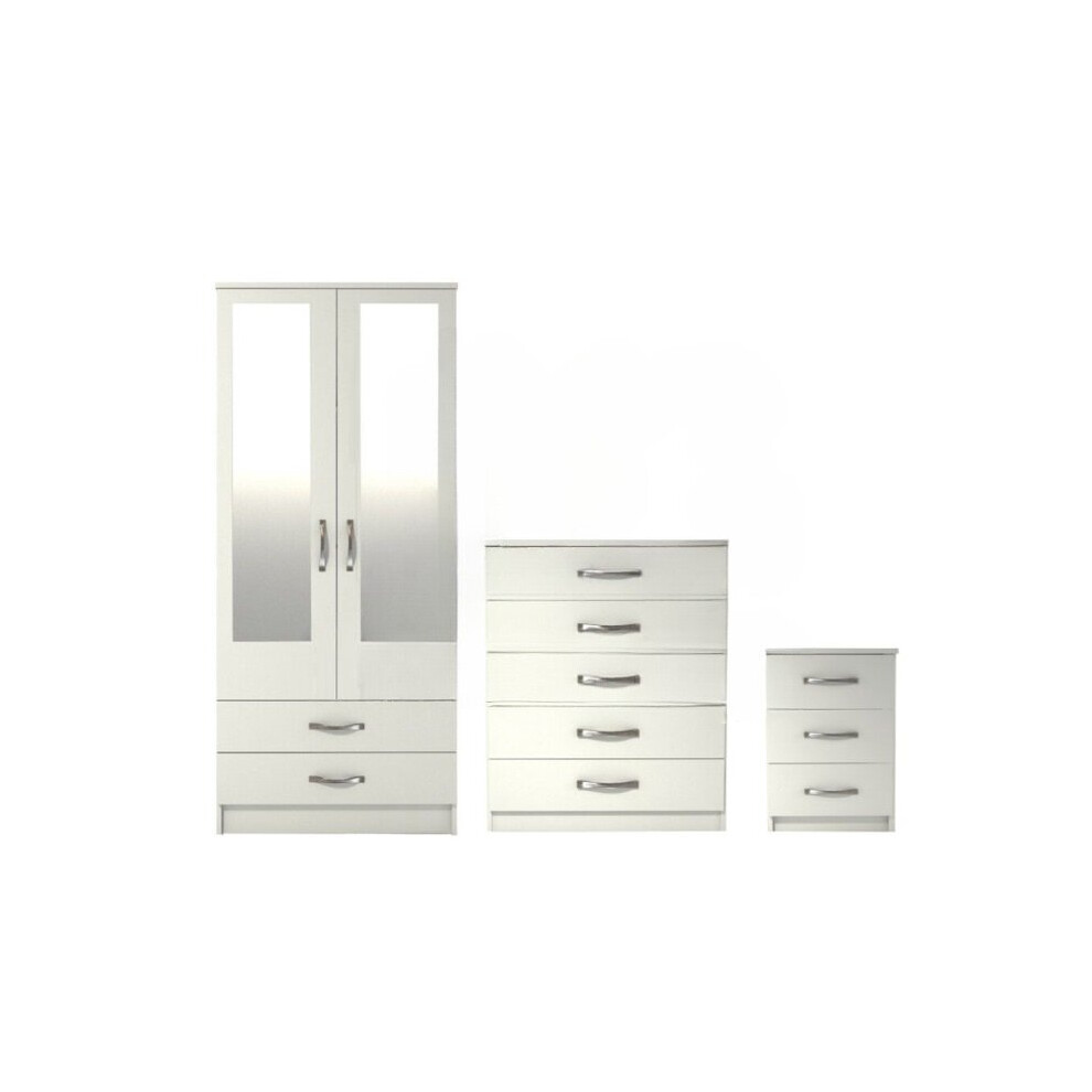 Ready assembled 3 Pcs Classic 2 Door 2 Drawer Mirrored Wardrobe, Chest And Bedside Set White