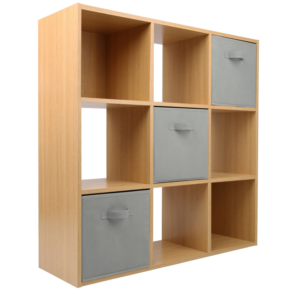 (3 Grey Drawers) Charles Jacobs Oak 9 Cube Open Book Shelf Storage