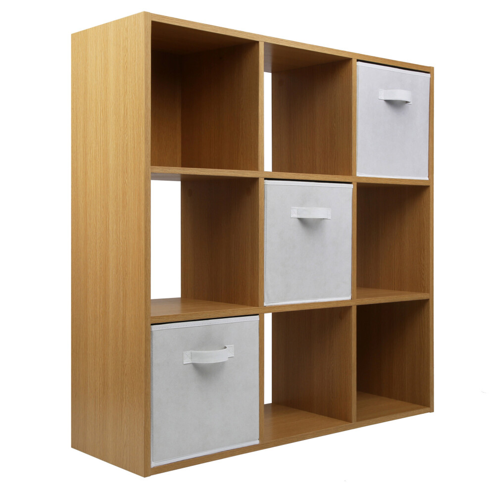 (3 White Drawers) Charles Jacobs Oak 9 Cube Open Book Shelf Storage