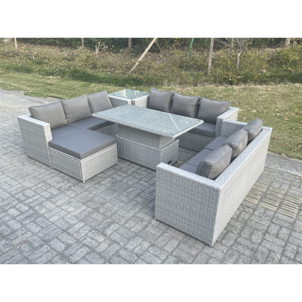 Fimous Rattan Garden Furniture Set Adjustable Rising Table Dining Set Coffee Tea Table Grey