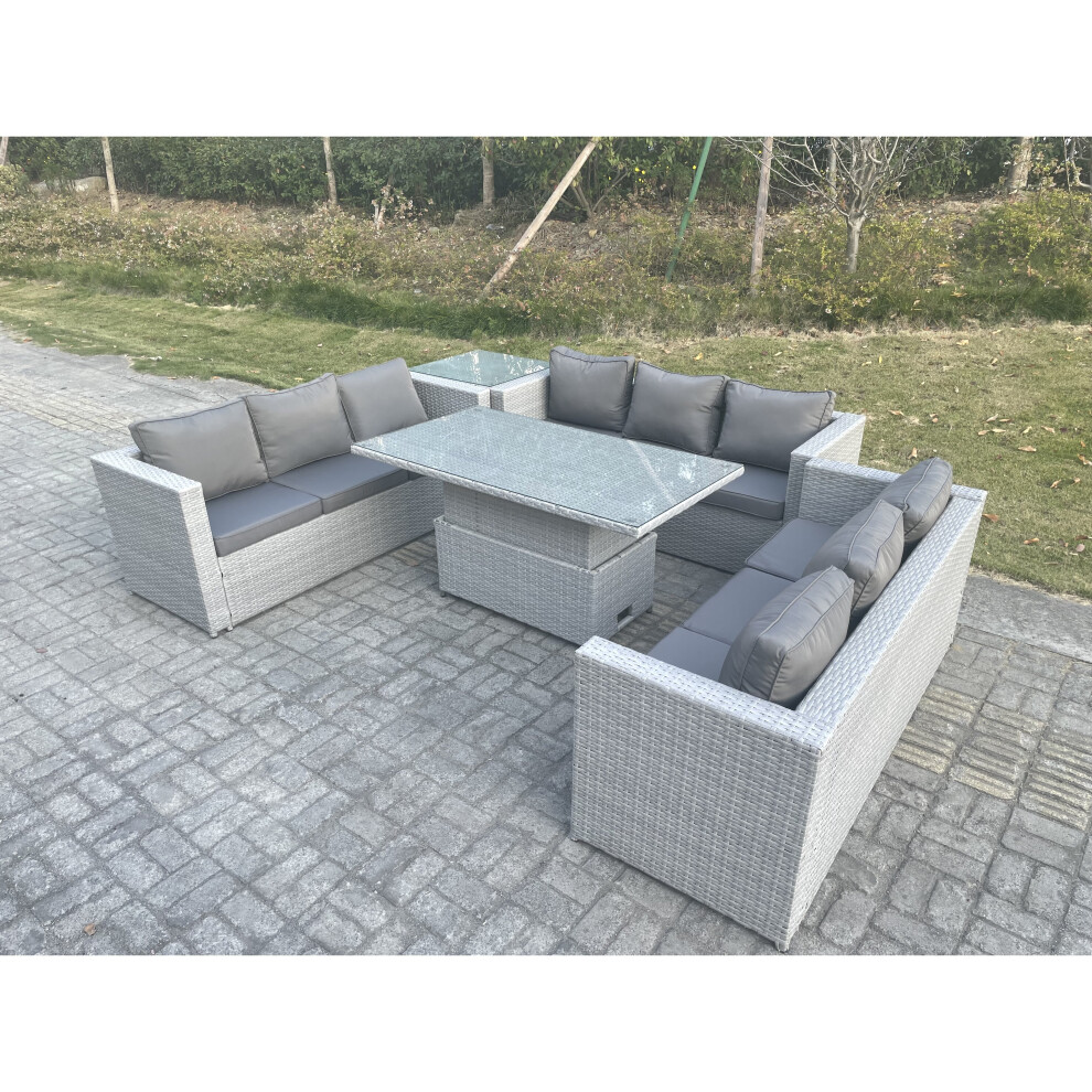 Fimous Lounge Rattan Garden Furniture Set Adjustable Rising Lifting Table Dining Set Grey