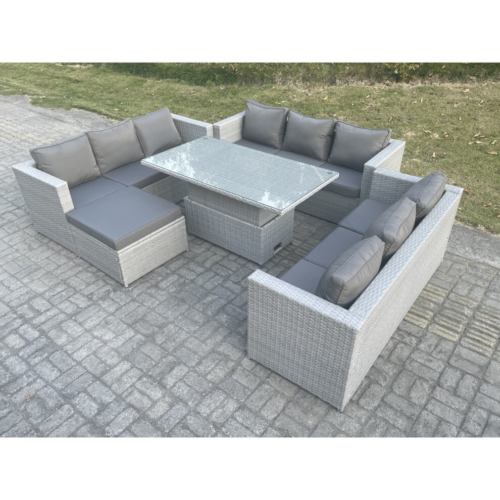 Fimous Light Grey U Shape Rattan Garden Furniture Rising Lifting Table Dining Set