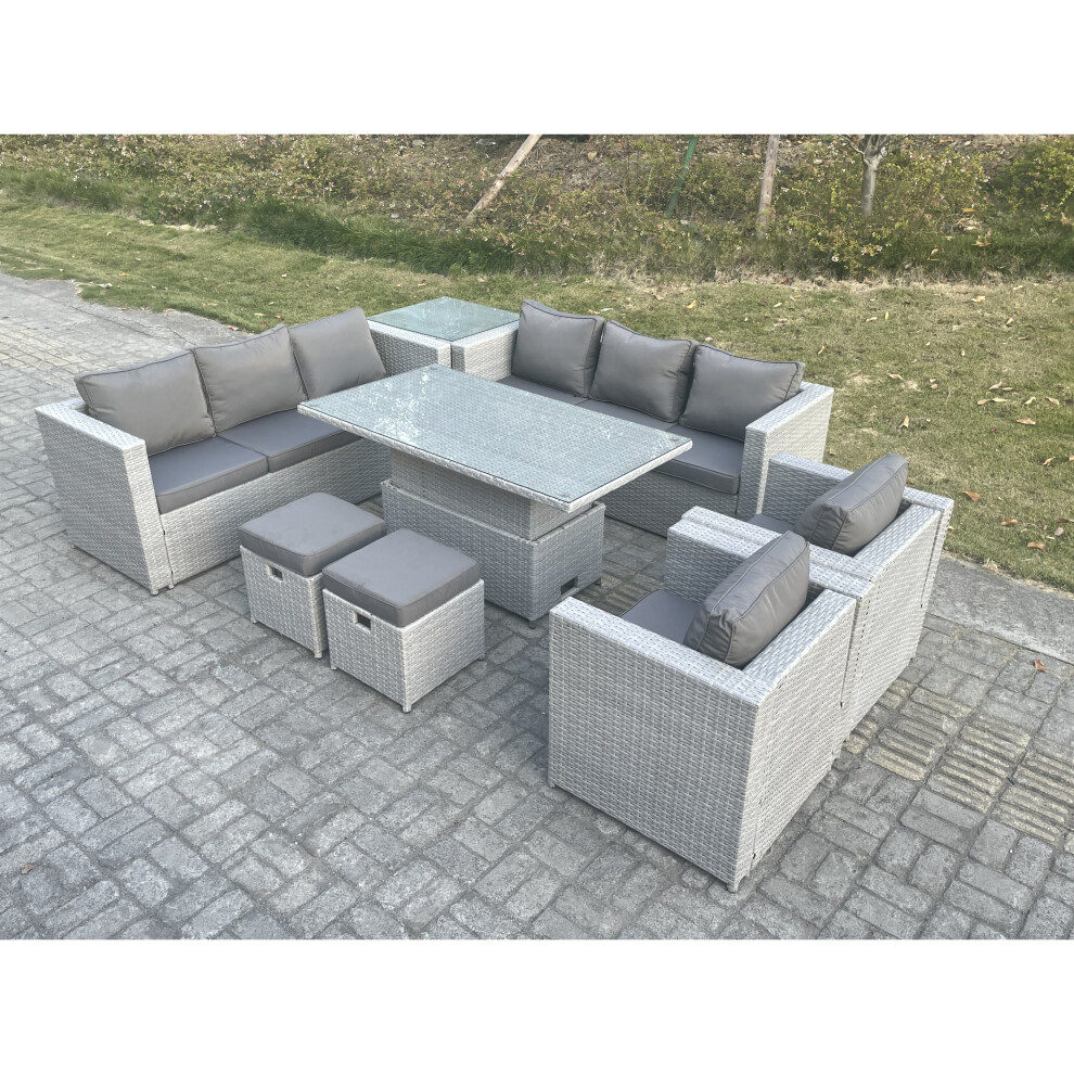 Fimous Rattan Garden Funiture Adjustable Rising Table Sofa Dining Set Chair Stool Grey