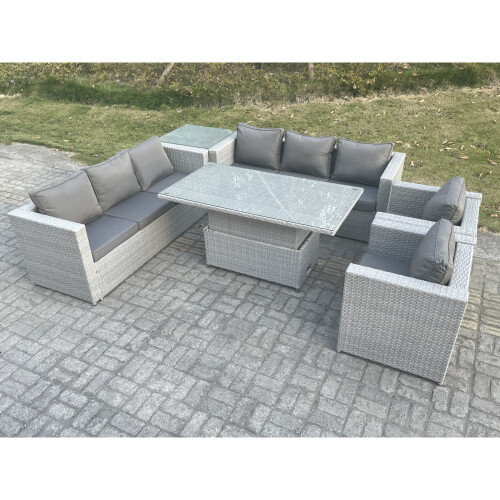 Fimous Fimous Rattan Garden Funiture Set Height Adjustable Rising Lifting Table Sofa Dining Set