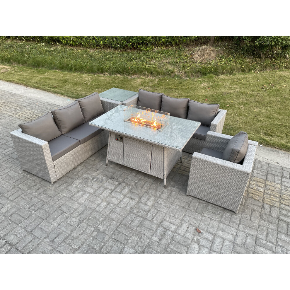 Fimous Rattan Firepit Garden Furniture Set Gas Heater Burner Table And Chair Grey