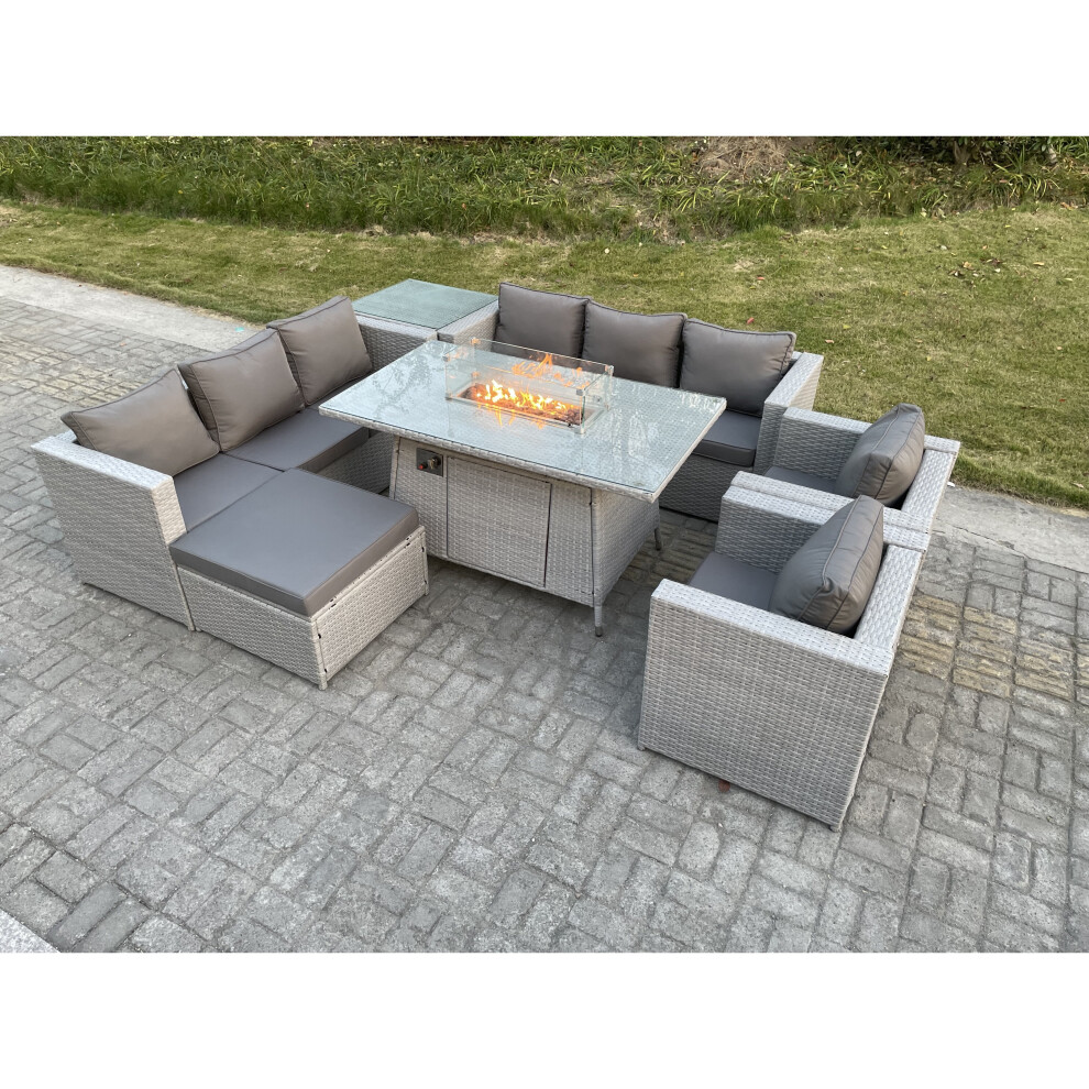 Fimous Rattan Fire Pit Garden Furniture Set Gas Heater Burner Lounge Sofa Grey