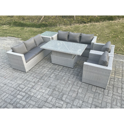 Fimous Fimous Rattan Garden Funiture Set Height Adjustable Rising Lifting Table Sofa Dining Set 1