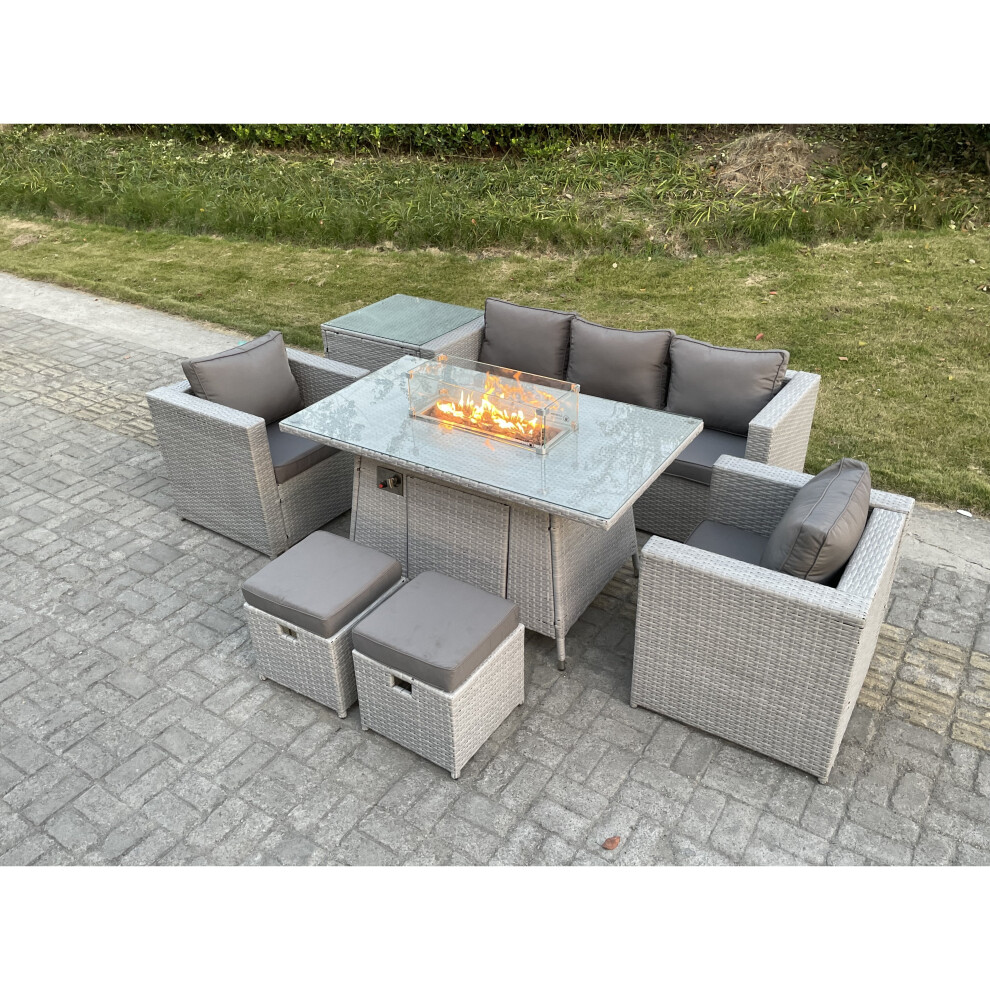 Fimous Rattan Garden Furniture Set Gas Fire Pit Dining Set With Side Table