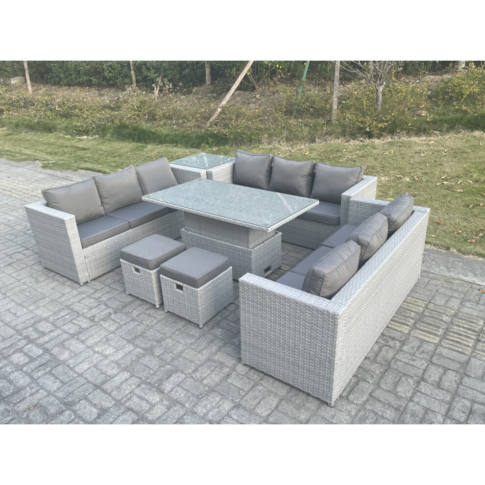 Fimous U Shape Lounge Rattan Garden Furniture Rising Lifting Table Dining Set Grey
