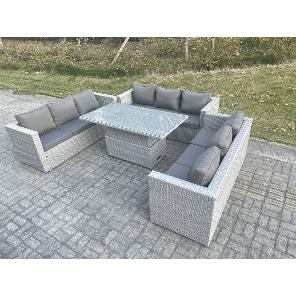 Fimous Rattan Garden Furniture Set Height Adjustable Rising Lifting Table Dining Set Grey