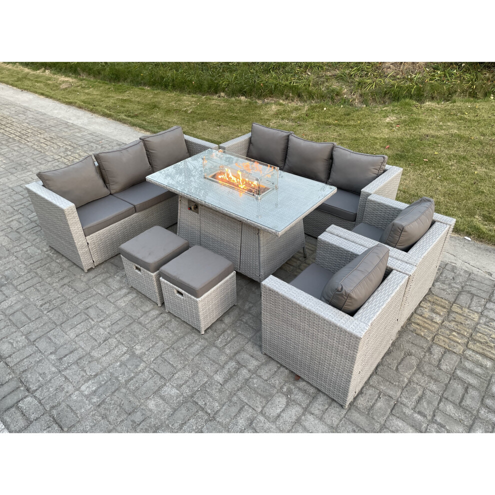 Fimous Rattan Firepit Dining Set Garden Furniture Set Gas Heater Burner Lounge Sofa Grey