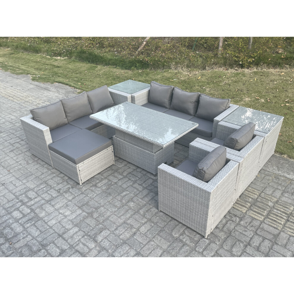 Fimous Rattan Garden Funiture Set Height Rising Lifting Table Sofa Dining Set Grey