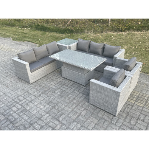 Fimous Fimous Rattan Garden Funiture Set Height Adjustable Rising Lifting Table Sofa Dining Set 2