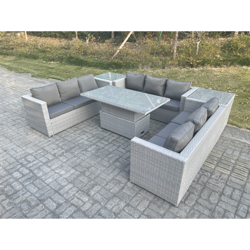 Fimous U Shape Rattan Garden Furnitur Rising Lifting Table Dining Set Grey
