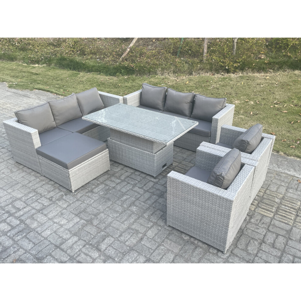 Fimous Rattan Garden Funiture Set Rising Lifting Table Sofa Dining Set Footstool Grey