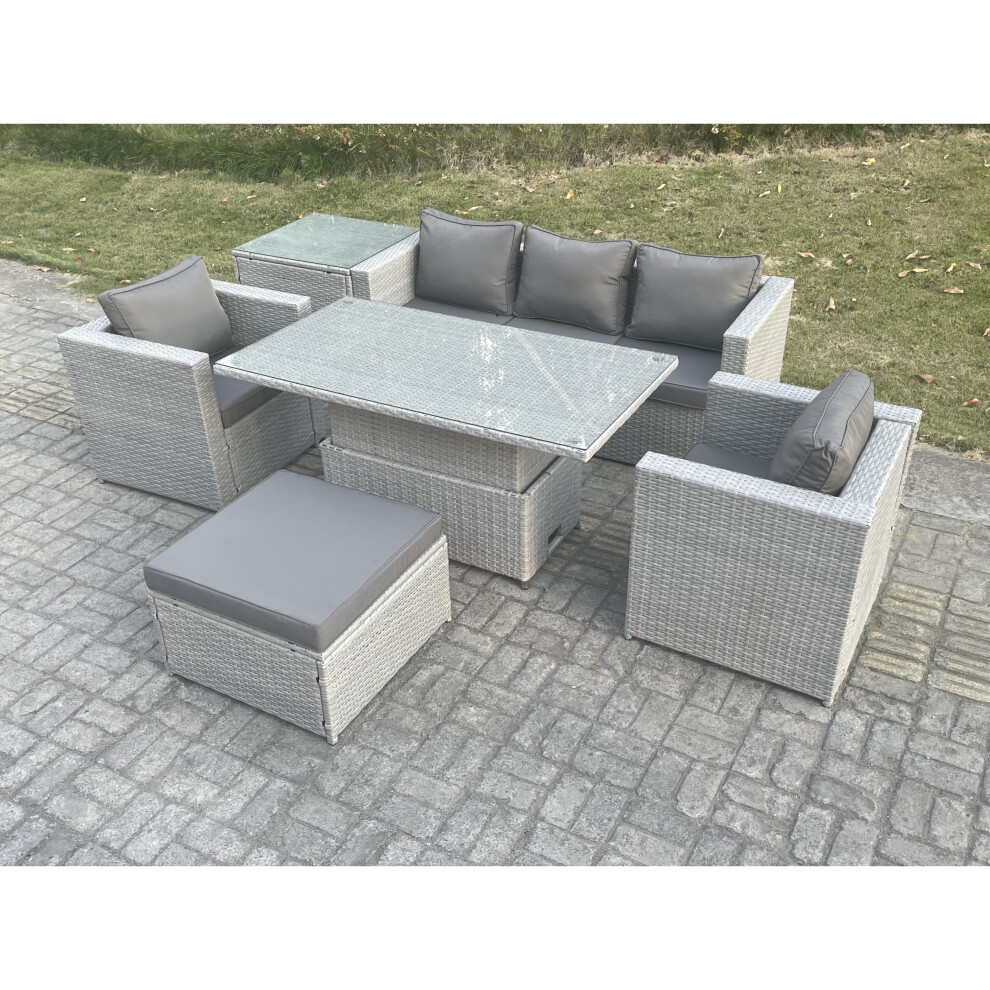 Fimous Rattan Garden Funiture Rising Lifting Table Sofa Dining Set Big Footstool Grey