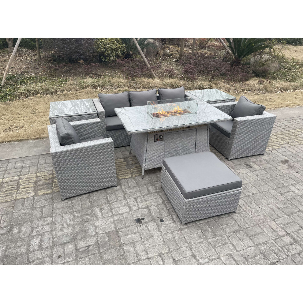 Fimous Rattan Garden Furniture Set Gas Fire Pit Lounge Sofa Chair Dining