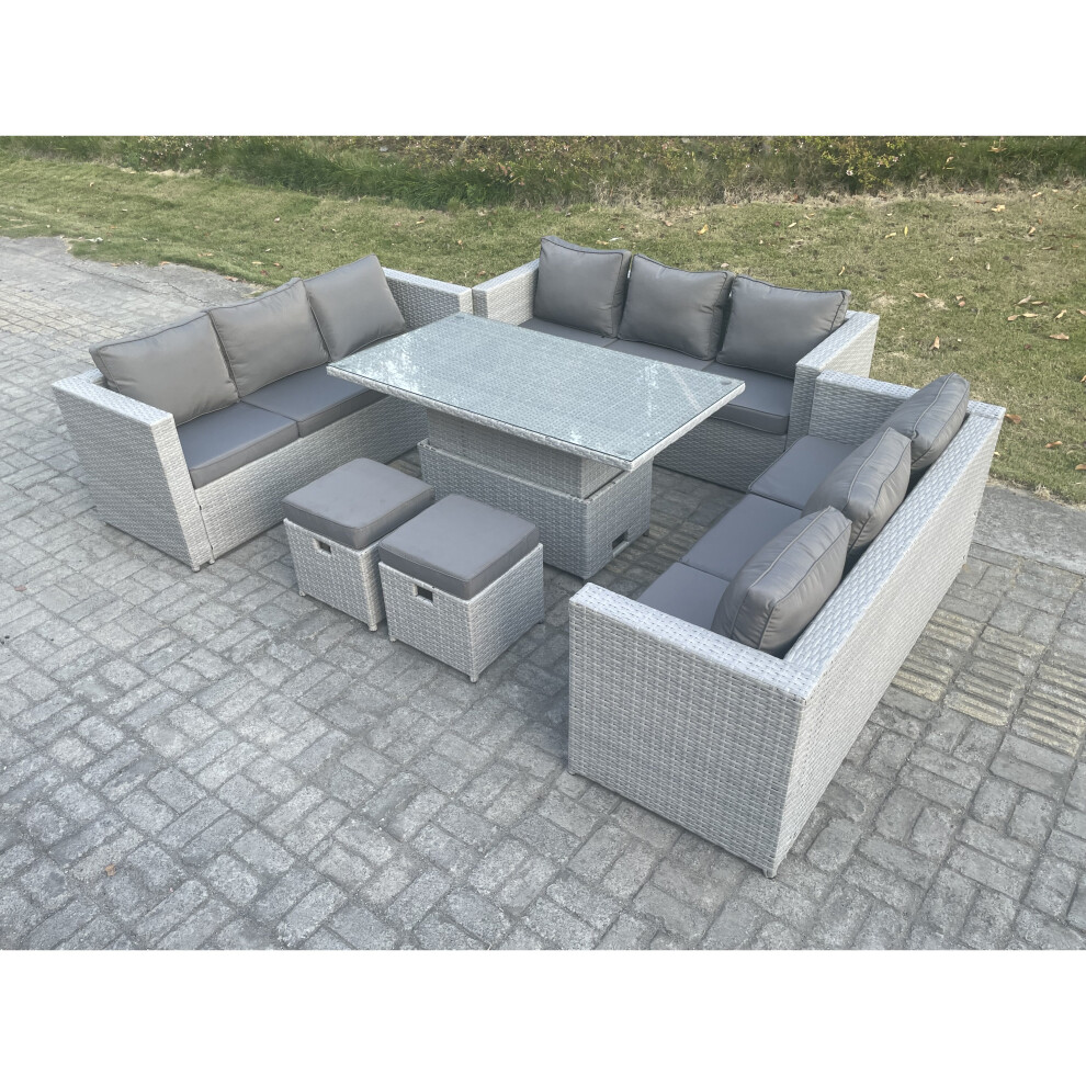 Fimous Light Grey U Lounge Rattan Garden Furniture Rising Table Dining Set 2 Stools