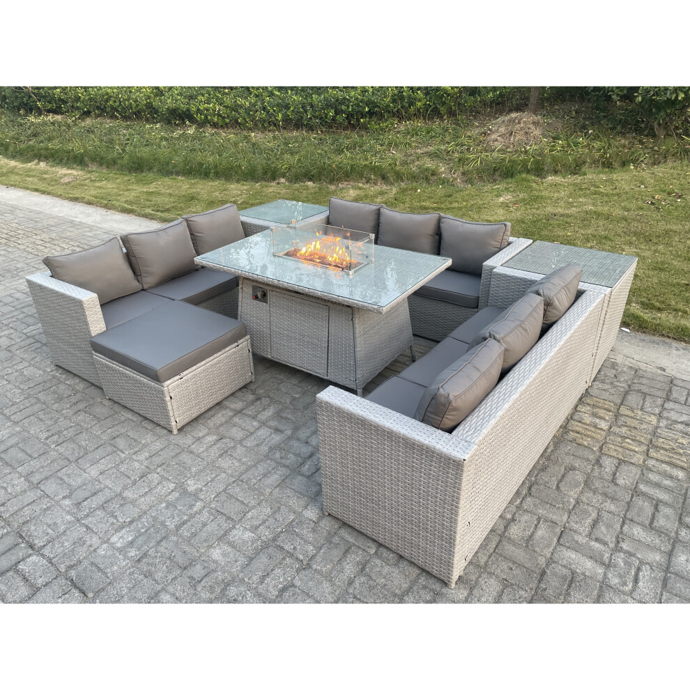 Fimous U Shape Lounge Sofa Dining Set With Gas Fire Pit Burner Table Footstool Grey