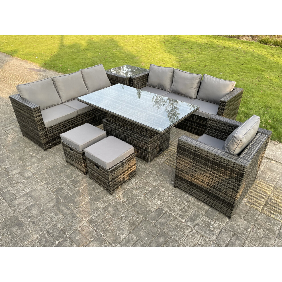 Fimous 9 Seater Outdoor Rattan Sofa Adjustable Rising Side Tables Chairs Footstool