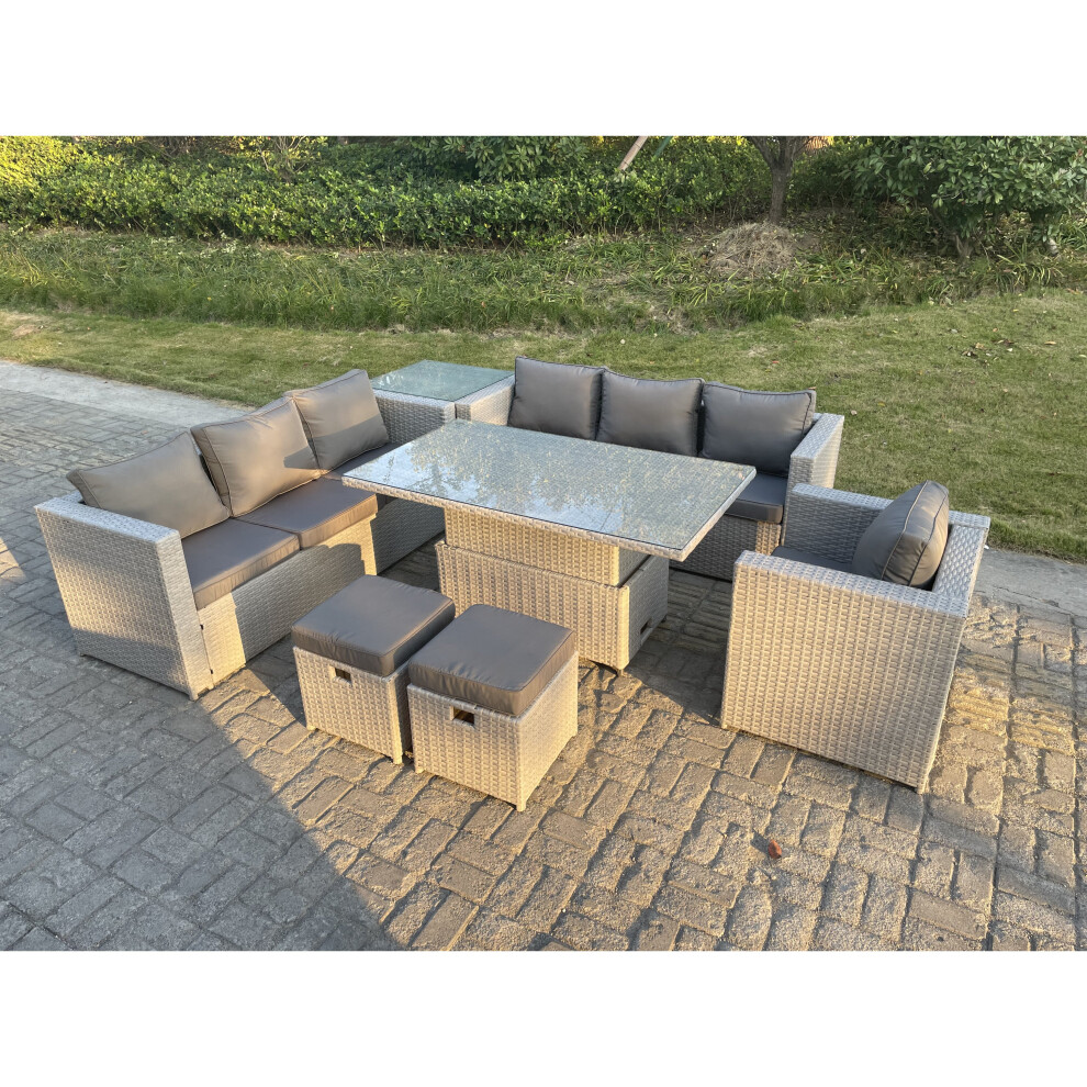 Fimous Rattan Garden Funiture Set Rising Table Sofa Dining Set Table Chair Stool Grey