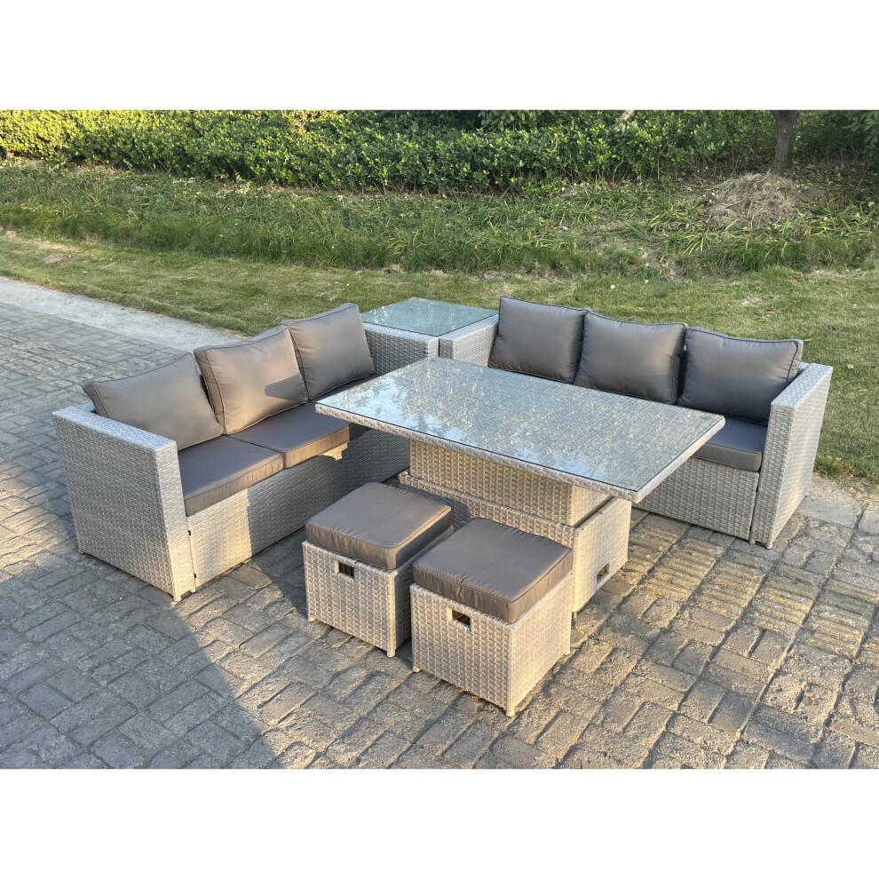 Fimous Rising Table Sofa Dining Set Rattan Garden Funiture Set Tea Table Stool Grey