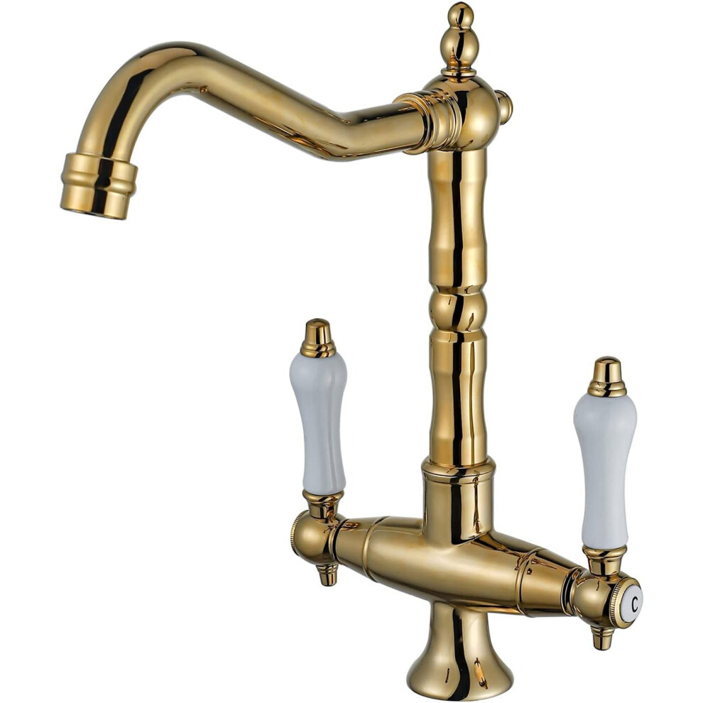 (Gold) Antique Kitchen Tap 360° Rotatable Sink Tap Two-Handle Mixer Tap Nostalgia Mixer Tap High Pressure Kitchen Sink Tap High Spout Brass
