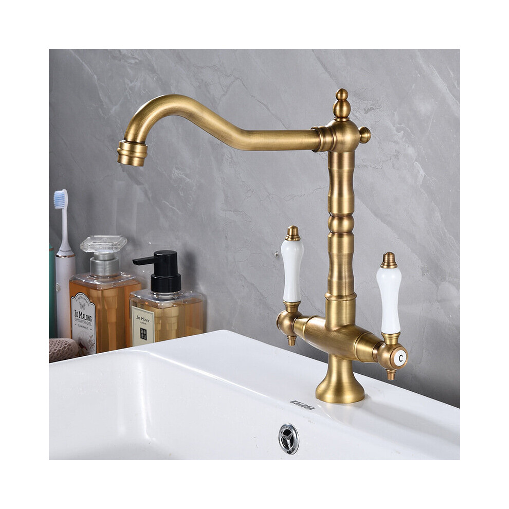 (Antique Brass) Antique Kitchen Tap 360Â° Rotatable Sink Tap Two-Handle Mixer Tap Nostalgia Mixer Tap High Pressure Kitchen Sink Tap High Spout Brass