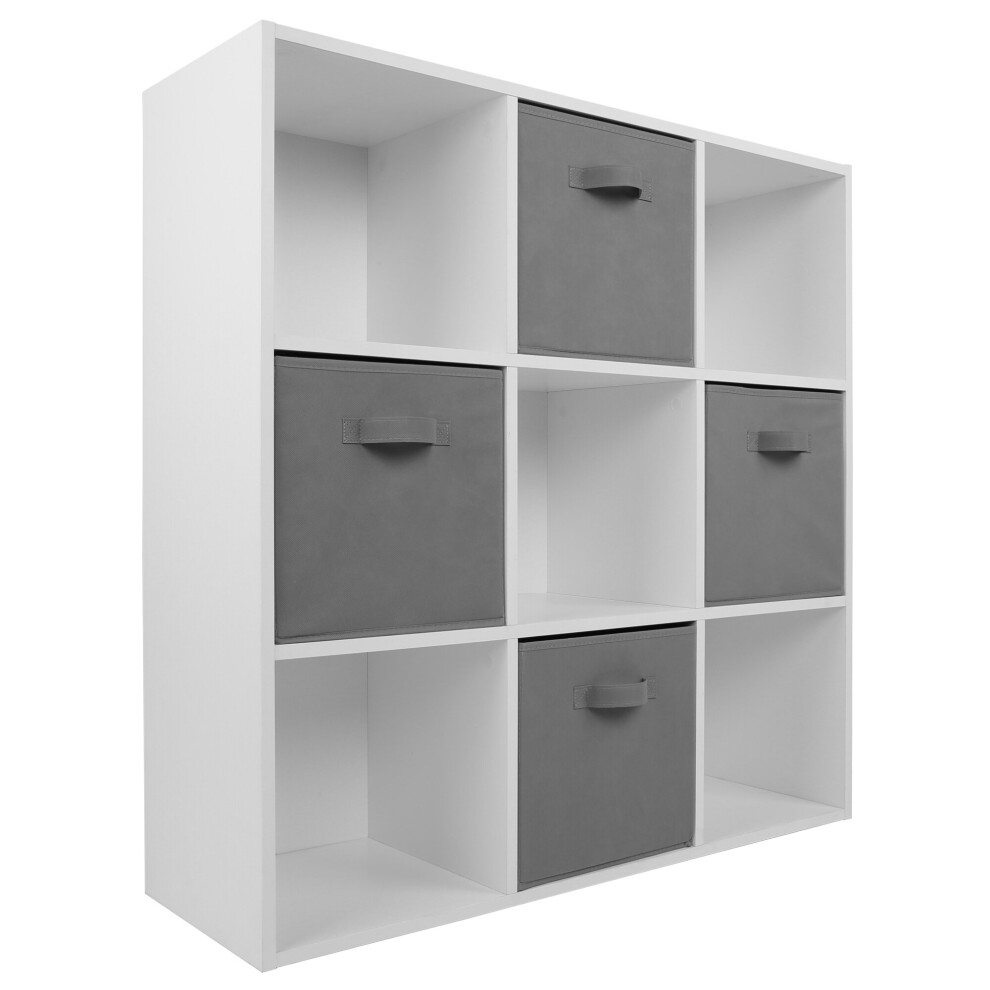 (4 Grey Drawers) White 9 Cube Open Book Shelf Storage