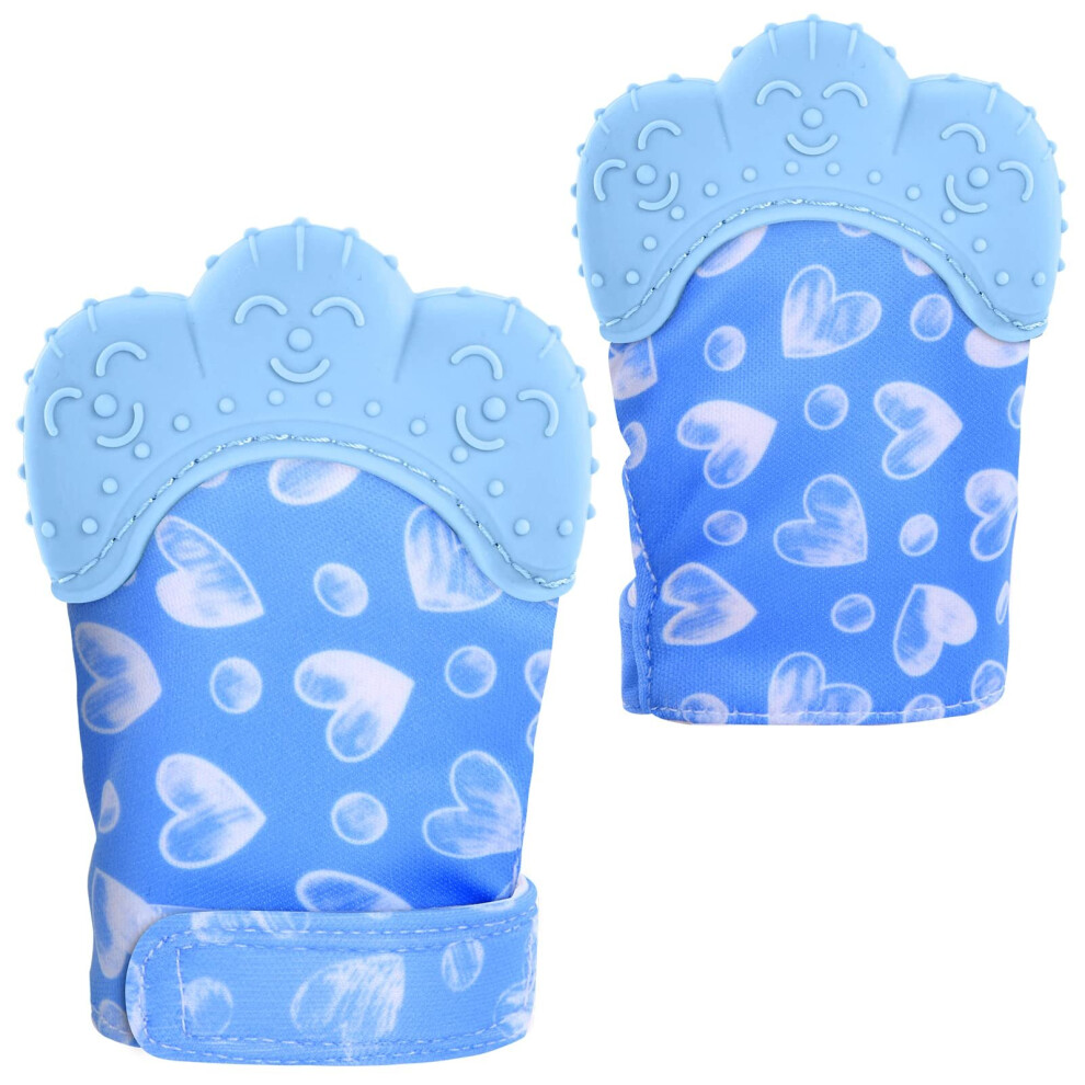 (Blue) Baby Teething Set, 2 Pack Teething Mittens for Baby, Includes 2 Silicone Mitten Teether Glove, Teething Glove, Infant Soothing Pain Relief Mitt