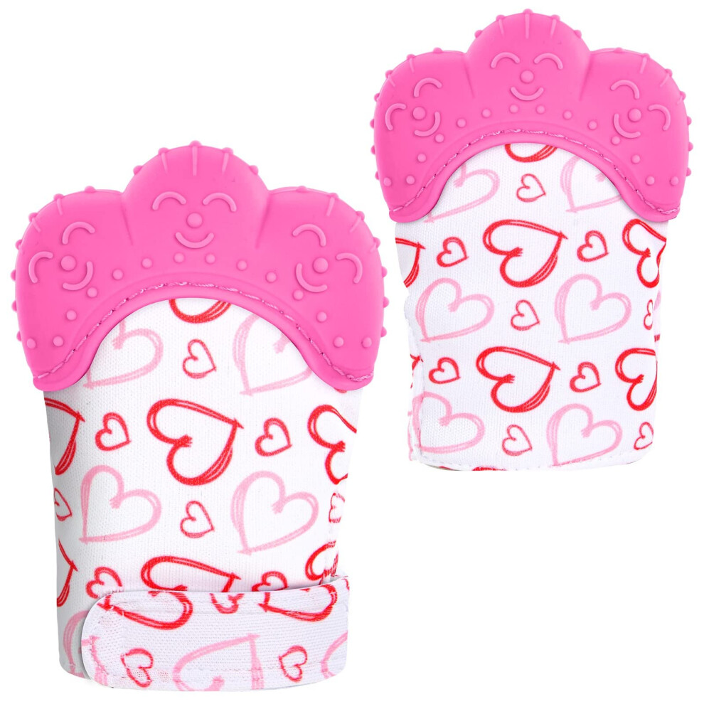 (Red) Baby Teething Set, 2 Pack Teething Mittens For Baby, Includes 2 Silicone Mitten Teether Glove, Teething Glove, Infant Soothing Pain Relief Mitt Red
