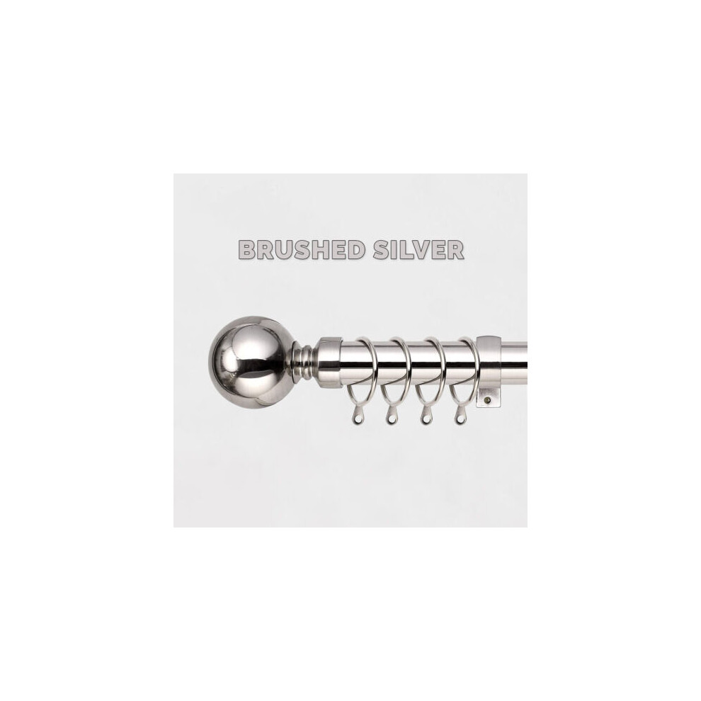 (160 x 300 cm (63'-118' in), Brushed Silver - Plain Ball) Classic Extendable Metal Curtain Pole Finials Rings & Rod Fittings