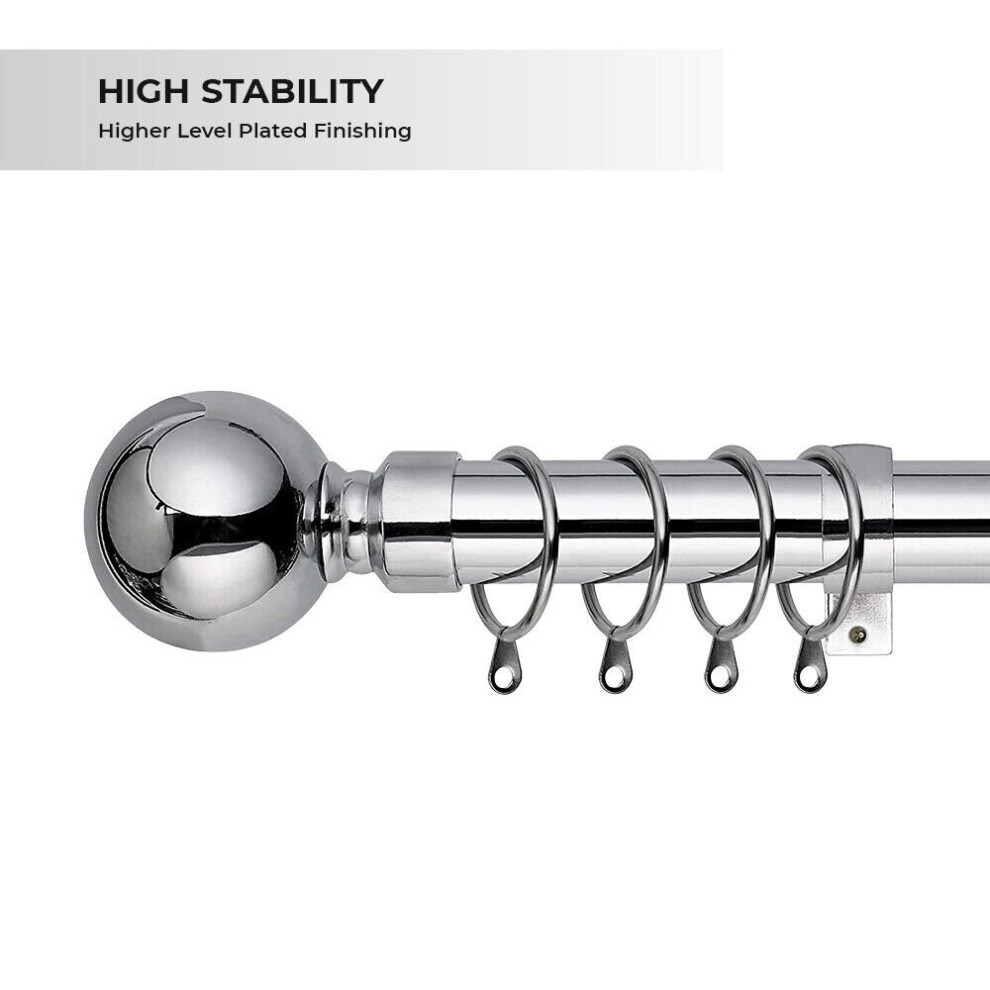 (70 x 120 cm (28"-48" in), Chrome - Plain Ball) Classic Extendable Metal Curtain Pole Finials Rings & Rod Fittings